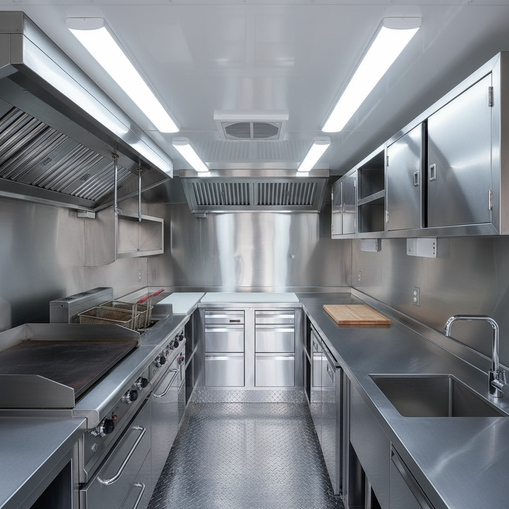 An overhead, photographic realism view of a food truck’s interior layout, showcasing a meticulously organized stainless-steel kitchen inside a custom trailer shell. Integrated equipment includes a gleaming griddle, fryers, prep table, undercounter refrigeration, and a deep sink with polished fixtures, all aligned along one wall. The opposite wall features mounted storage cabinets and a neatly routed ventilation hood duct. Bright, cool LED ceiling panels illuminate every surface evenly, creating crisp highlights and minimal shadows. The diamond-plate aluminum floor subtly reflects light, adding texture and depth. The composition is symmetrical and clear, with sharp focus throughout to emphasize ergonomics and workflow. The atmosphere is clean, efficient, and highly functional, communicating expert planning in food truck fabrication and support infrastructure without any people present.