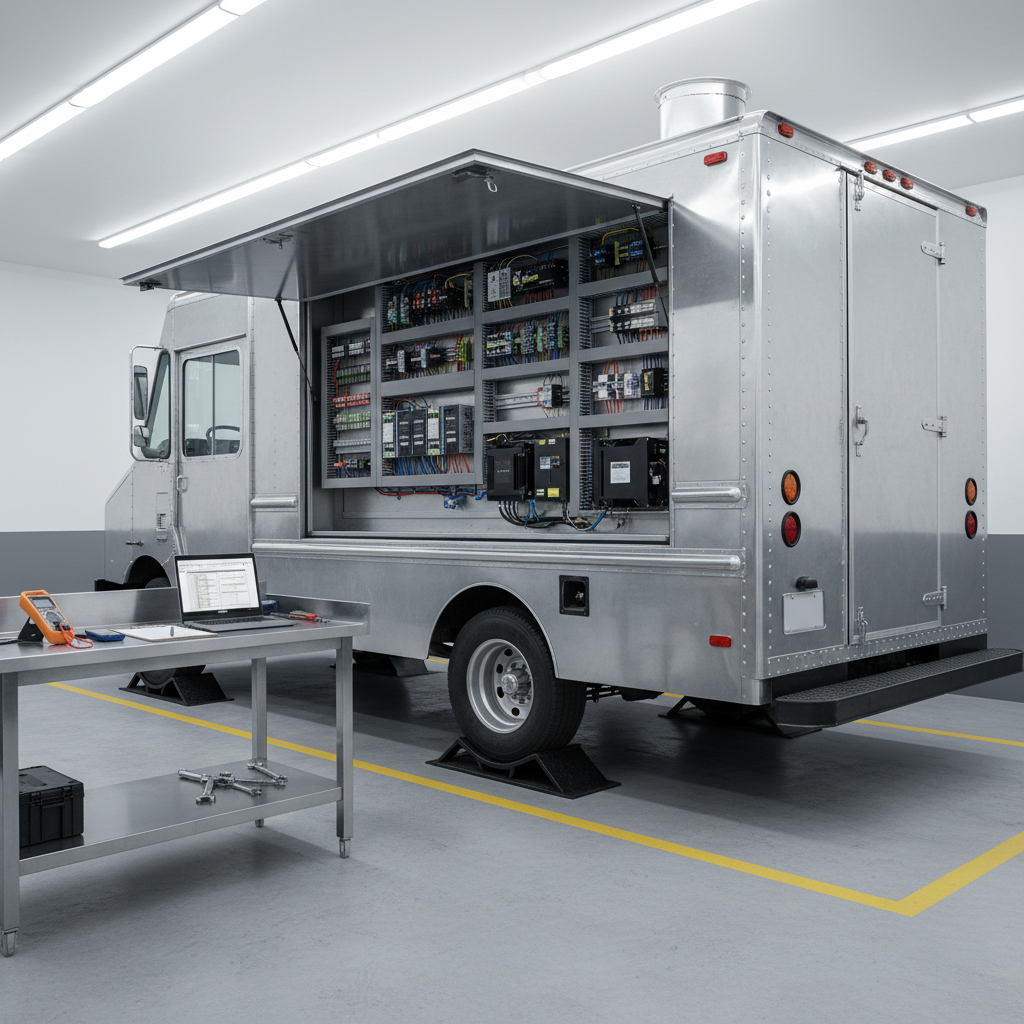 A detailed, photographic realism scene of a food truck undergoing preventive maintenance inside a tidy, professional service bay. The truck, in a satin silver finish with minimal branding, is raised slightly on low-profile ramps. Its rear service doors are open, revealing organized electrical panels, neatly bundled wiring, and clearly labeled components. Nearby, a sturdy metal workbench holds arranged tools, diagnostic equipment, and a laptop closed beside a service checklist clipboard. Cool-white overhead LED shop lighting creates clear, shadow-free visibility on mechanical parts and wiring. The concrete floor is spotless, with yellow safety lines subtly defining the work area. Shot from a slightly elevated front-side angle with deep focus, the mood is disciplined, reliable, and technical, emphasizing comprehensive maintenance and long-term support for food trucks.