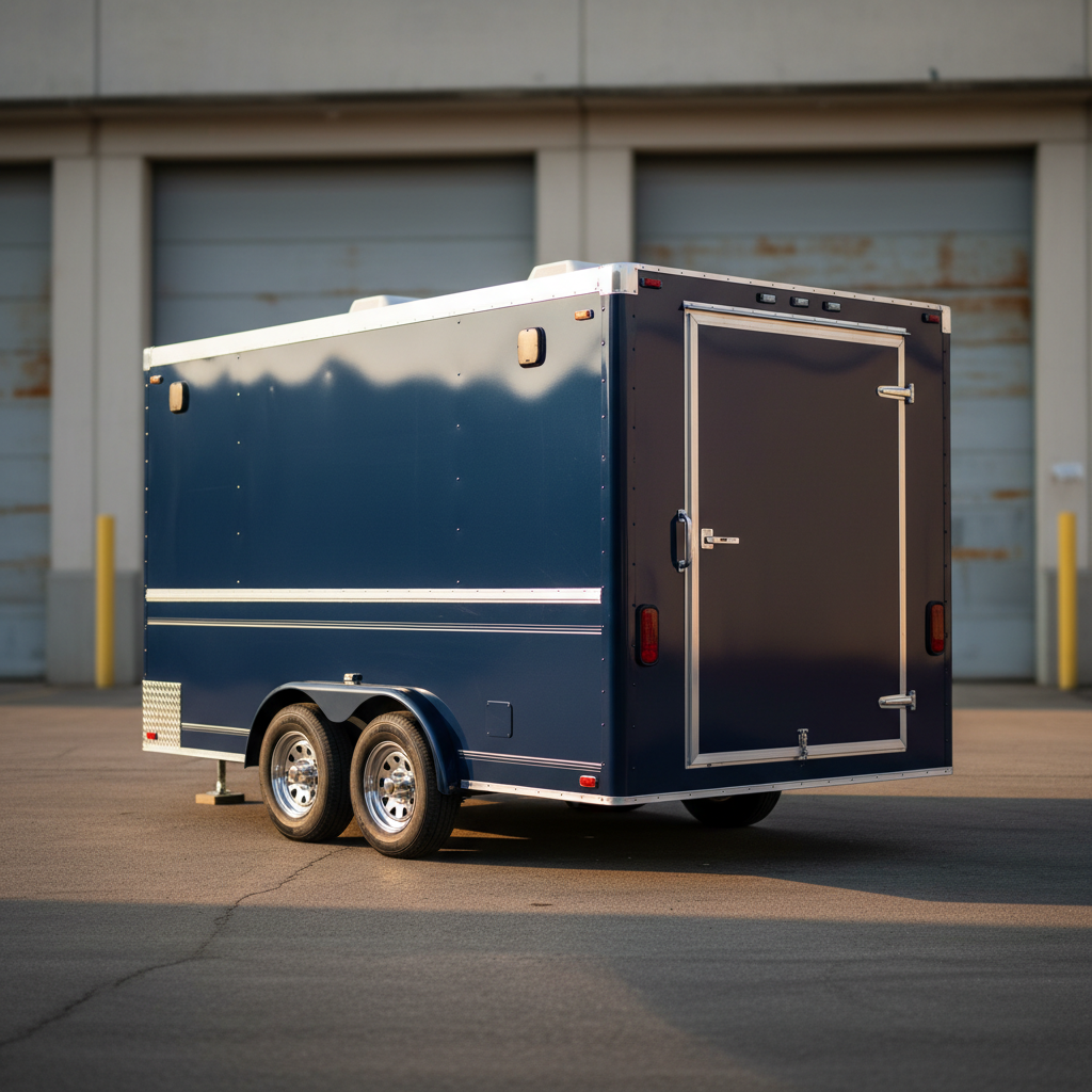 A brand-new custom concession trailer, finished in a deep metallic navy with subtle silver pinstriping, is parked outside a fabrication facility at late afternoon golden hour. The trailer’s serving hatch is closed, showing seamless panel alignment, robust latches, recessed LED marker lights, and a clean, polished aluminum trim. Heavy-duty tandem axles with shiny chrome wheels and black fenders underline its stability. Warm, low-angle sunlight washes across the side, creating soft highlights and long, gentle shadows on the asphalt. The background features the blurred façade of an industrial building with large bay doors, kept out of focus to center attention on the trailer. Captured in photographic realism from a three-quarter rear angle, the mood is aspirational, confident, and professional, showcasing the finished product ready for business.