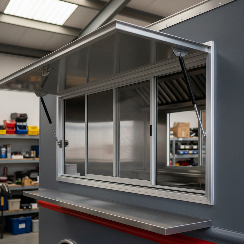 A close-up, photographic realism shot of a food truck’s custom-built service window and hatch, featuring brushed aluminum framing, heavy-duty stainless-steel hinges, and a robust gas strut system. The freshly painted truck side shows a smooth matte charcoal finish contrasted with a narrow red accent stripe. The window is fully open, revealing a seamless stainless counter edge and integrated sliding screen. Soft, diffused daylight from an overhead workshop skylight casts gentle reflections across the metal surfaces, emphasizing precision engineering. The background is softly blurred workshop shelving and tools, keeping focus on the craftsmanship. Shot from a slightly low, side angle to emphasize strength and durability, the mood is technical, confident, and highly professional, ideal for showcasing fabrication details and build quality.