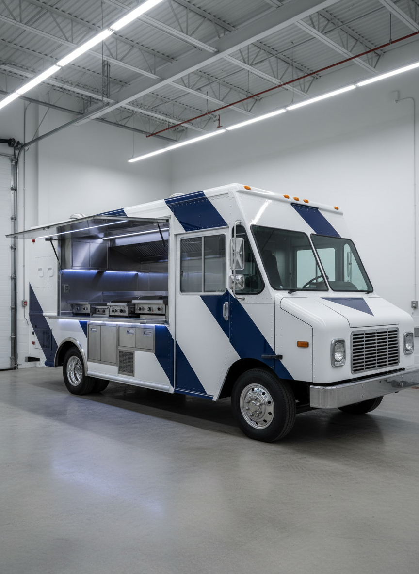 A meticulously customized stainless-steel food truck with a glossy white exterior and bold, dark-blue geometric accents, parked in a clean industrial workshop bay. The truck’s service window is open, revealing a spotless interior with polished metal counters, neatly mounted equipment, and subtle LED strip lighting under cabinets. Overhead, bright but diffused workshop lights create even illumination, highlighting rivets, seams, and the precise workmanship of the fabrication. The concrete floor reflects soft highlights from the truck’s lower panels. Captured in photographic realism from a three-quarter front angle at eye level, with sharp focus and balanced composition, the mood is professional, trustworthy, and modern, conveying high-end fabrication quality and attention to detail without any human presence.