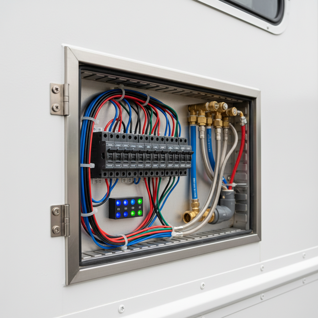 A tight, photographic realism close-up of a food truck’s custom electrical and plumbing access panel, mounted on a smooth, matte white exterior wall. The panel door is open, revealing meticulously organized color-coded wiring, labeled breakers, and clearly arranged water and waste line connections with stainless fittings. Small LED indicator lights glow softly, suggesting active systems. The surrounding truck surface shows crisp panel edges and precision fasteners. Neutral, diffused daylight from an overcast sky eliminates harsh shadows, allowing every label and texture to be legible. The composition uses a rule-of-thirds framing from a slight side angle, with shallow depth of field gently blurring the exterior corners. The atmosphere is technical, reliable, and transparent, highlighting the hidden infrastructure and support systems that make custom food trucks safe and dependable.