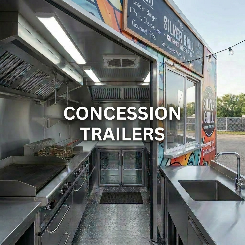 An overhead, photographic realism view of a food truck’s interior layout, showcasing a meticulously organized stainless-steel kitchen inside a custom trailer shell. Integrated equipment includes a gleaming griddle, fryers, prep table, undercounter refrigeration, and a deep sink with polished fixtures, all aligned along one wall. The opposite wall features mounted storage cabinets and a neatly routed ventilation hood duct. Bright, cool LED ceiling panels illuminate every surface evenly, creating crisp highlights and minimal shadows. The diamond-plate aluminum floor subtly reflects light, adding texture and depth. The composition is symmetrical and clear, with sharp focus throughout to emphasize ergonomics and workflow. The atmosphere is clean, efficient, and highly functional, communicating expert planning in food truck fabrication and support infrastructure without any people present.
