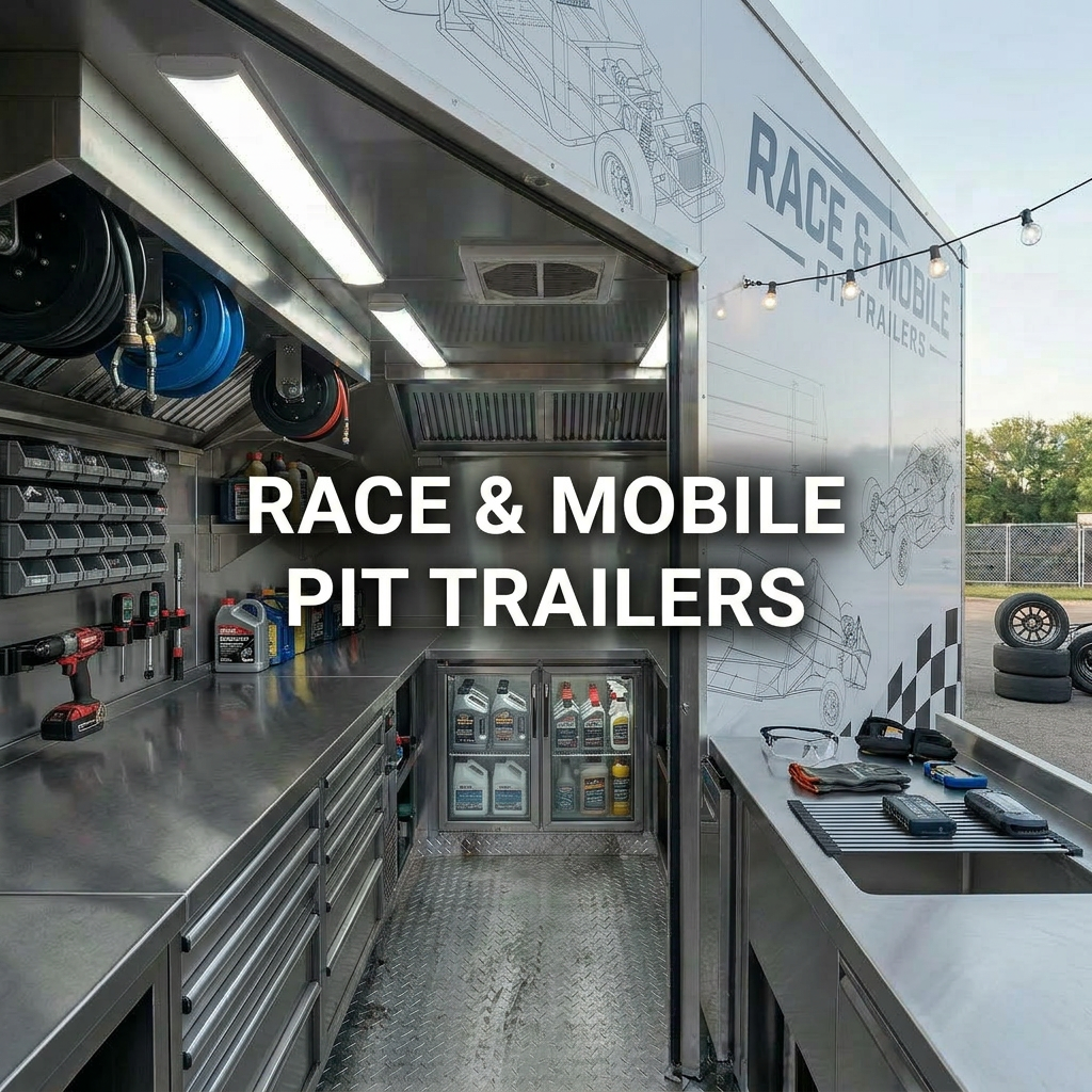 An overhead, photographic realism view of a food truck’s interior layout, showcasing a meticulously organized stainless-steel kitchen inside a custom trailer shell. Integrated equipment includes a gleaming griddle, fryers, prep table, undercounter refrigeration, and a deep sink with polished fixtures, all aligned along one wall. The opposite wall features mounted storage cabinets and a neatly routed ventilation hood duct. Bright, cool LED ceiling panels illuminate every surface evenly, creating crisp highlights and minimal shadows. The diamond-plate aluminum floor subtly reflects light, adding texture and depth. The composition is symmetrical and clear, with sharp focus throughout to emphasize ergonomics and workflow. The atmosphere is clean, efficient, and highly functional, communicating expert planning in food truck fabrication and support infrastructure without any people present.