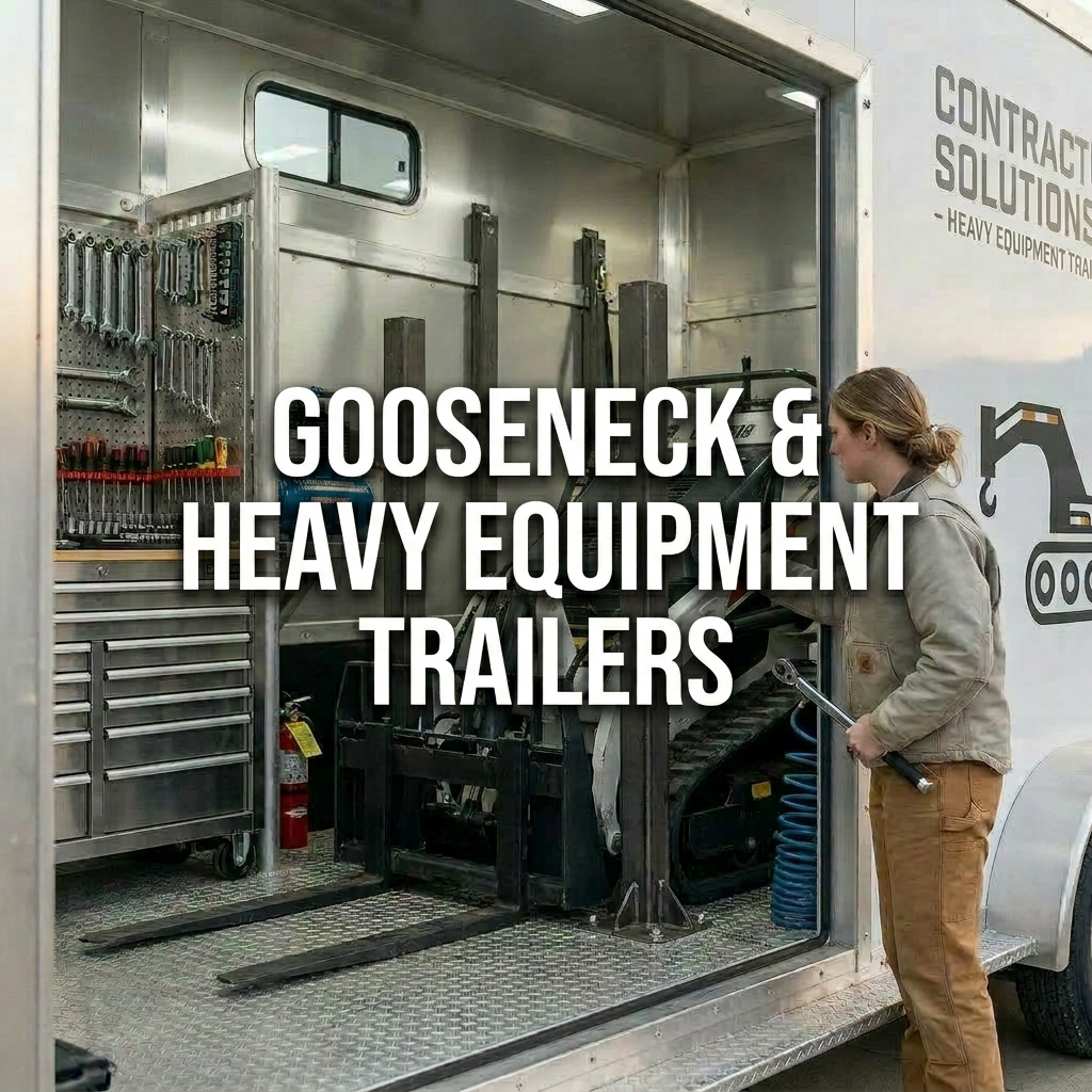 An overhead, photographic realism view of a food truck’s interior layout, showcasing a meticulously organized stainless-steel kitchen inside a custom trailer shell. Integrated equipment includes a gleaming griddle, fryers, prep table, undercounter refrigeration, and a deep sink with polished fixtures, all aligned along one wall. The opposite wall features mounted storage cabinets and a neatly routed ventilation hood duct. Bright, cool LED ceiling panels illuminate every surface evenly, creating crisp highlights and minimal shadows. The diamond-plate aluminum floor subtly reflects light, adding texture and depth. The composition is symmetrical and clear, with sharp focus throughout to emphasize ergonomics and workflow. The atmosphere is clean, efficient, and highly functional, communicating expert planning in food truck fabrication and support infrastructure without any people present.