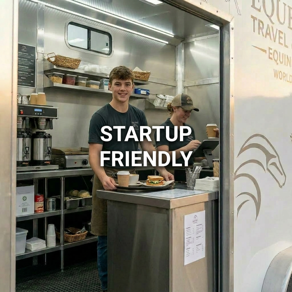 An overhead, photographic realism view of a food truck’s interior layout, showcasing a meticulously organized stainless-steel kitchen inside a custom trailer shell. Integrated equipment includes a gleaming griddle, fryers, prep table, undercounter refrigeration, and a deep sink with polished fixtures, all aligned along one wall. The opposite wall features mounted storage cabinets and a neatly routed ventilation hood duct. Bright, cool LED ceiling panels illuminate every surface evenly, creating crisp highlights and minimal shadows. The diamond-plate aluminum floor subtly reflects light, adding texture and depth. The composition is symmetrical and clear, with sharp focus throughout to emphasize ergonomics and workflow. The atmosphere is clean, efficient, and highly functional, communicating expert planning in food truck fabrication and support infrastructure without any people present.