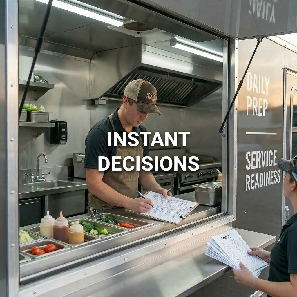 An overhead, photographic realism view of a food truck’s interior layout, showcasing a meticulously organized stainless-steel kitchen inside a custom trailer shell. Integrated equipment includes a gleaming griddle, fryers, prep table, undercounter refrigeration, and a deep sink with polished fixtures, all aligned along one wall. The opposite wall features mounted storage cabinets and a neatly routed ventilation hood duct. Bright, cool LED ceiling panels illuminate every surface evenly, creating crisp highlights and minimal shadows. The diamond-plate aluminum floor subtly reflects light, adding texture and depth. The composition is symmetrical and clear, with sharp focus throughout to emphasize ergonomics and workflow. The atmosphere is clean, efficient, and highly functional, communicating expert planning in food truck fabrication and support infrastructure without any people present.
