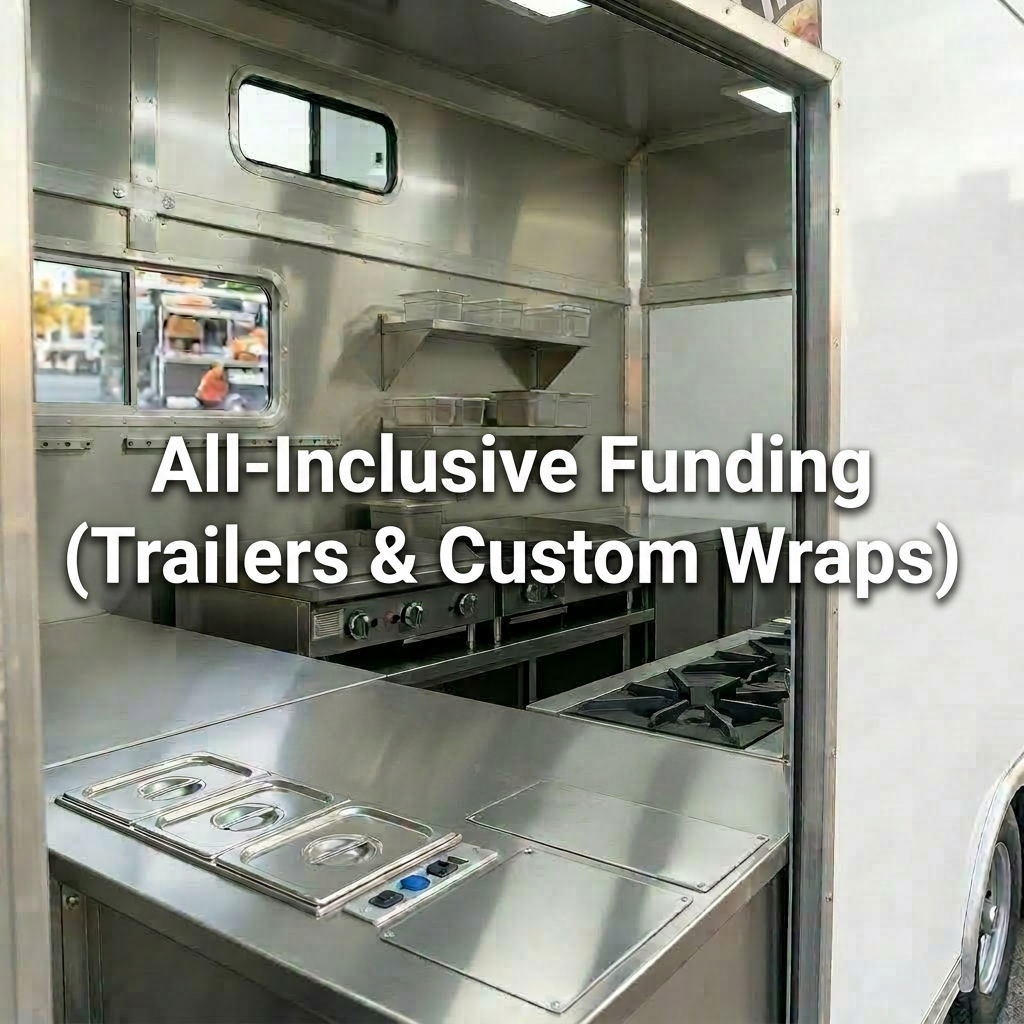 An overhead, photographic realism view of a food truck’s interior layout, showcasing a meticulously organized stainless-steel kitchen inside a custom trailer shell. Integrated equipment includes a gleaming griddle, fryers, prep table, undercounter refrigeration, and a deep sink with polished fixtures, all aligned along one wall. The opposite wall features mounted storage cabinets and a neatly routed ventilation hood duct. Bright, cool LED ceiling panels illuminate every surface evenly, creating crisp highlights and minimal shadows. The diamond-plate aluminum floor subtly reflects light, adding texture and depth. The composition is symmetrical and clear, with sharp focus throughout to emphasize ergonomics and workflow. The atmosphere is clean, efficient, and highly functional, communicating expert planning in food truck fabrication and support infrastructure without any people present.