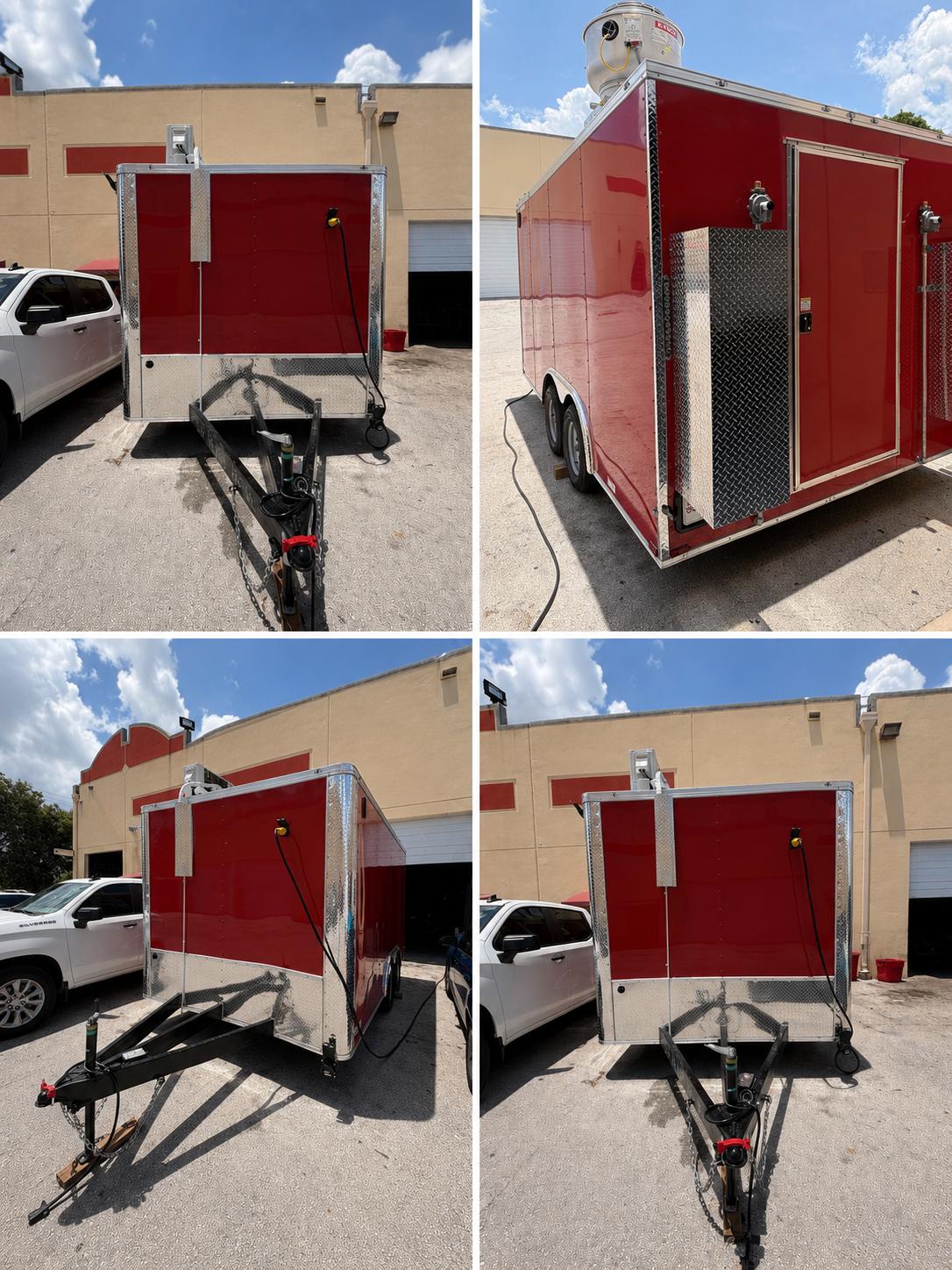 Red food trailer with stainless steel details